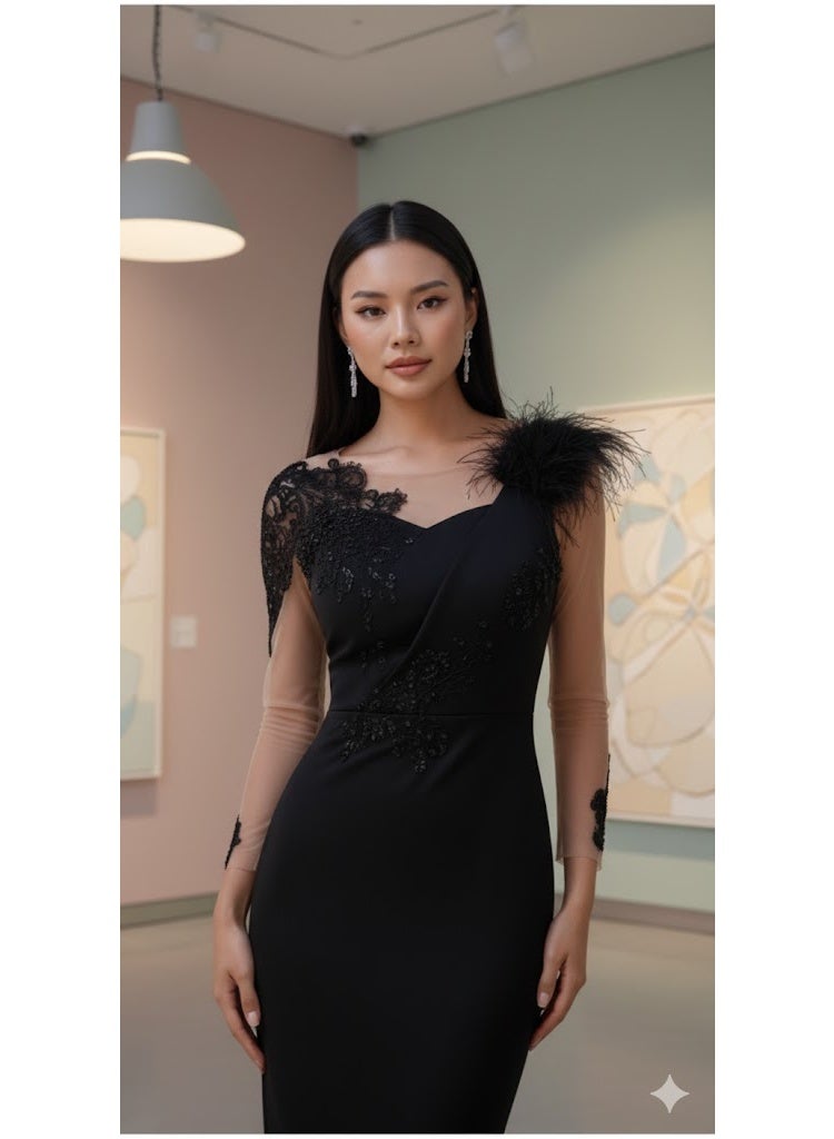 FULL JOY Women's Maxi Black Evening Dress Made of High-quality Fabric with Sheer Sleeves; Elegant Dress, Fashion Dress - Image 2